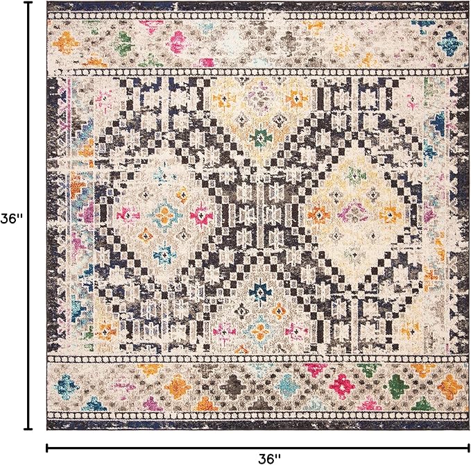 SAFAVIEH Madison Collection Area Rug - 3' Square, Black & Yellow, Boho Diamond Distressed Design, Non-Shedding & Easy Care, Ideal for High Traffic Areas in Living Room, Bedroom (MAD418Z)
