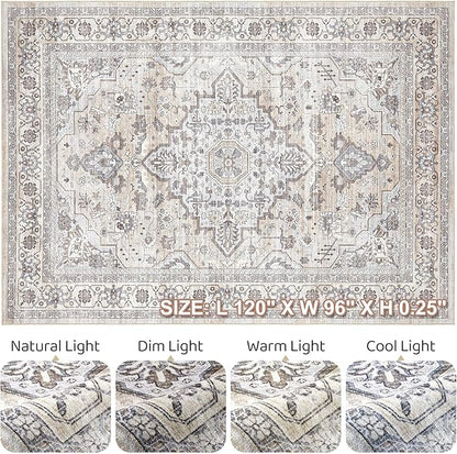 8x10 Area Rugs Living Room: Washable Boho Large Neutral Vintage Soft Rugs Stain Resistant Farmhouse Non Slip Indoor Floor Carpet for Bedroom Nursery Kids Playroom Office Dining Room Home- Ivory Gray