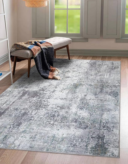 GLN Rugs Contemporary Collection - Machine Washable Area Rug, Contemporary Washable, Non Slip, Low Pile Chenille Rug, Living Room, Bedroom, Kitchen Rug (5' x 7' Grey/Green)
