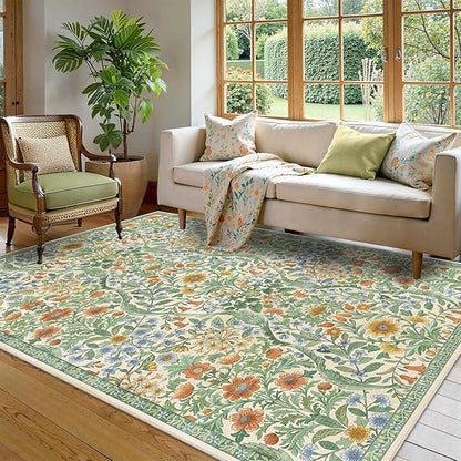 Floral Washable 6x9 Area Rug，Grass Green Boho Rugs for Living Room, Soft Low-Pile Non-Slip Stain Resistant & Non-Shedding Carpet for Bedroom, Dining Room, Office, Entryway, Nursery