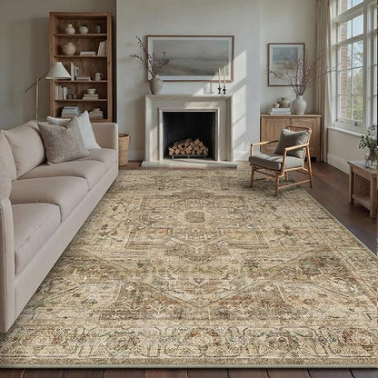 Brown Multi Area Rug 9x12 Vintage Washable Distressed Living Room Carpet Large Indoor Non Slip Traditional Medallion Retro Low Pile Accent Throw Rug Bedroom Kitchen Office Dining Room