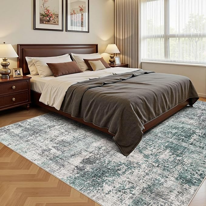 8x10 Area Rug Living Room Rugs - Washable Neutral Modern Abstract Soft Thin Large Rug Indoor Floor No Slip Rug Carpet for Bedroom Under Dining Table Home Office Decor - Green/Grey