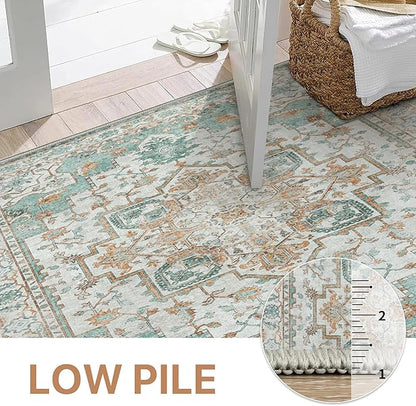 GENIMO 8x10 Area Rugs for Living Room, Machine Washable Non Slip Vintage Rugs, Low Pile Lightweight Chenille Print Rug for Bedroom, Dining Room, Home Office, Cyan