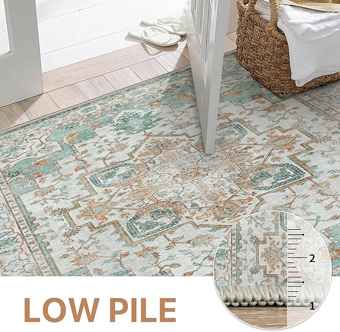GENIMO 2x7 Runner Rugs for Hallway, Machine Washable Non Slip Vintage Rugs, Low Pile Lightweight Soft Print Rug for enrtyway, Corridor, Home Office, Kitchen, Cyan