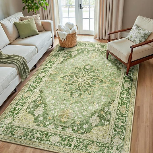 Area Rugs 5'x8' Washable Non-Slip, Floral Vintage Distress Print Pattern Medallion Carpet for Living Room Bedroom Dining Room, Sage Green Yellow