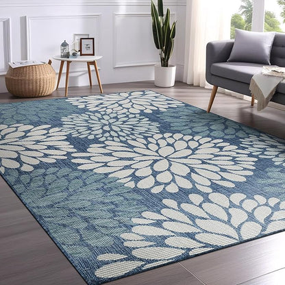 Beverly Rug Outdoor Rug 10x14 Modern Exotic Tropical Leaf Area Rugs for Indoor and Outdoor Patio Deck Porch Garden Water Resistant Washable Outside Carpet (10 x 14 Blue)