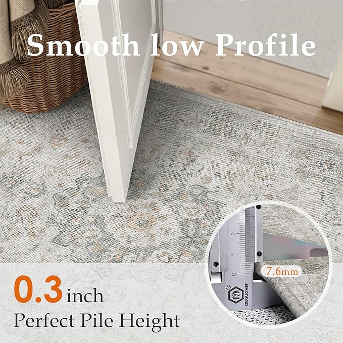 8x10 Washable Vintage Area Rug for Living Room Bedroom Soft Tranditional Non Slip Large Throw Rug Lightweight Floral Low Pile Distressed Carpet Office Playroom Dining Room