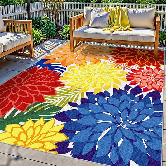 Colorful 5x8 Outdoor Area Rug Washable Multicolored Patio Rug Tropical Botanical Floral Chenille Waterproof Outdoor Carpet for Living Room, Deck, Backyard, Porch, Rainbow