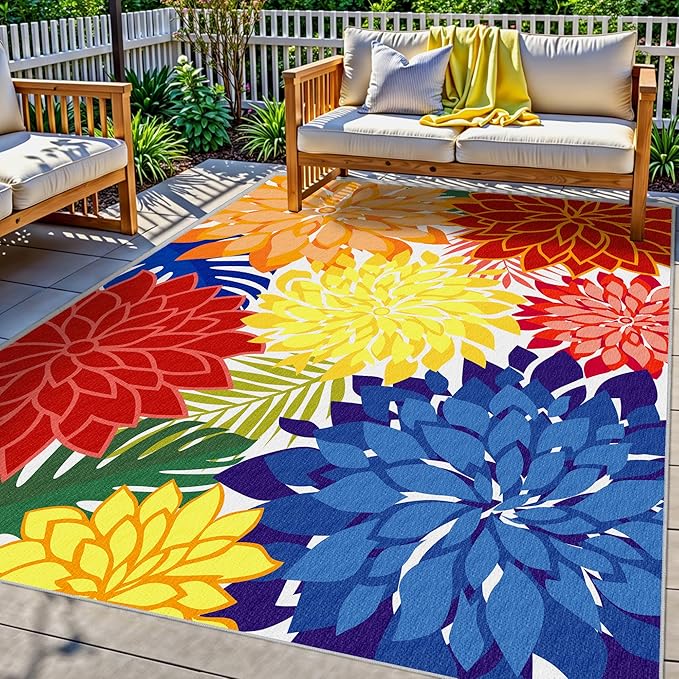 Colorful 6x9 Outdoor Area Rug Washable Multicolored Patio Rug Tropical Botanical Floral Chenille Waterproof Outdoor Carpet Non-Slip for Patio, Deck, Backyard, Porch, Rainbow