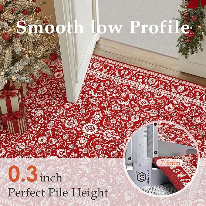HUGEAR Christmas 2x6 Runner Rug Machine Washable Red Hallway Area Rugs Indoor Accent Rugs Floral Low Pile Carpet Distressed Throw Rug Bedroom Living Room Office Dining Kitchen Laundry Non Slip
