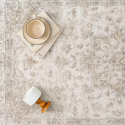 Beige Runner Rug 2x8 Washable Vintage Long Carpet for Hallway Kitchen Soft Retro Low Pile Thin Indoor Runner Non Slip Oriental Medallion Throw Rug for Bathroom Bedroom Laundry Dining Room