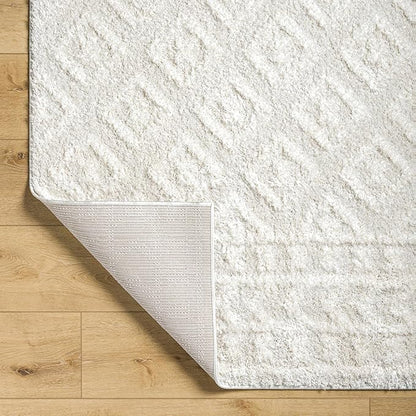Hauteloom Tilos Moroccan Farmhouse Living Room Bedroom Nursery Shag Area Rug - Shaggy Carpet - Trellis Pattern - High Plush Pile - Cream, Pink, Beige - 5'3" x 7'