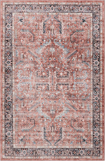 GLN Rugs Traditional Collection - Machine Washable Area Rug, Traditional Washable, Non Slip, Low Pile Chenille Rug, Living Room, Bedroom, Kitchen Rug (5' x 7' Terra/Multicolor 1168)