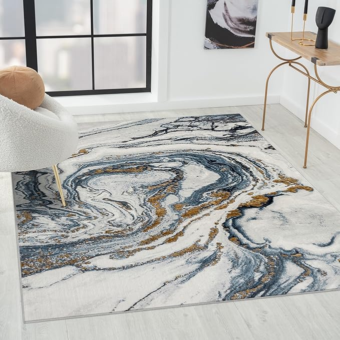 LUXE WEAVERS Marble Effect Abstract Blue 4x5 Area Rug