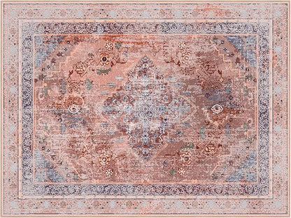 Phantoscope Washable Area Rug 9'x12' Non-Slip, Vintage Neutral Fall Rugs for Living Room, Bedroom, Dining Room, Distressed Boho Medallion Pattern, Low-Pile Foldable Floor Carpet, Rust Orange