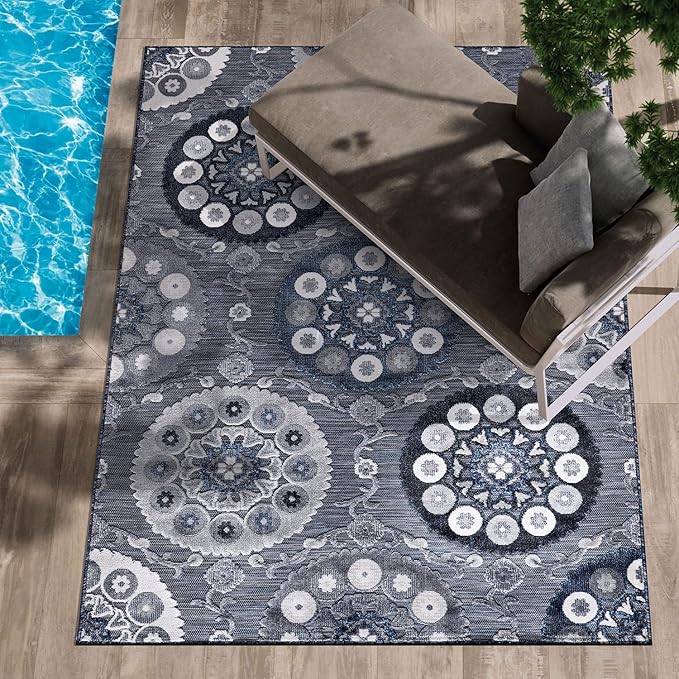 CAMILSON Indoor Outdoor Rug 6x9 Bohemian Medallion Floral Area Rugs for Indoor and Outdoor Patios Easy-Cleaning Non-Shedding Living Room Garden and Kitchen Washable Outside Carpet (6 x 9 / Navy)