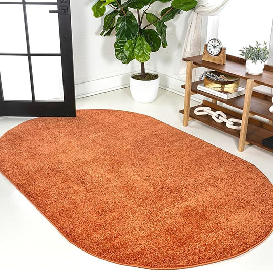Eyely UES100M-4OV Haze Solid Low-Pile Orange 4 ft. x 6 ft. Oval Area Rug, Pet Friendly, Stain Resistant, Easy Cleaning, for Bedroom, Living Room, Kitchen