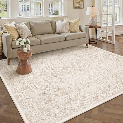Beige Area Rug 5x7 Machine Washable Vintage Living Room Distressed Non Slip Carpet Traditional Indoor Bedroom Retro Floral Accent Throw Large Rug for Office Kitchen Bathroom Dining Room