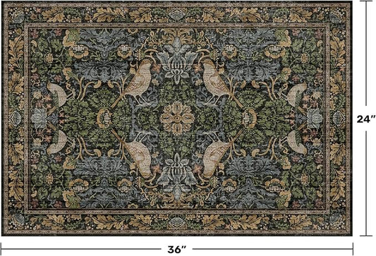 Washable Dark Vintage Floral Rugs for Entryway - Small 2x3 Washable Rug for Kitchen Bathroom Door Mat Indoor Entrance with Bird & Botanical Pattern, Brown Earthy Tones, Non Slip Low Pile