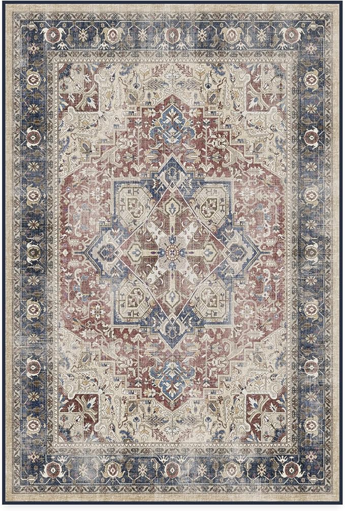 RUGGABLE Washable Area Rug – Kamran Royal Blue 4x6, Stain-Resistant, Non-Slip – Medium Machine Washable Rugs for Living Room, Bedroom, Hallway, Entryway & Office–with Standard Pad