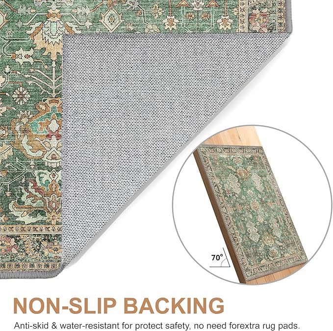 Bavni Living Room Rug, Modern Area Rugs 5x7 Non-Slip Washable, Chenille Printed Vintage Rugs for Bedroom Dinning Room Office, Sage/Gold