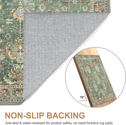 Bavni Runner Rug, Machine Washable Rugs for Bedroom 2x10, Non Slip Boho Rugs with Rubber Backing, Ultra-Thin Folable Rug Runner for Hallways Bathroom, Sage/Gold