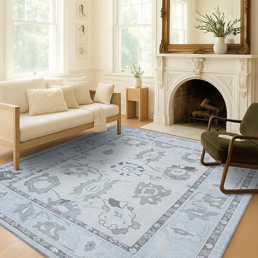 Fame Living Cream Beige Oushak Rug, Modern, Vintage, Turkish, Eclectic, Floral, Pastel, Washable, Area Rugs for Living Room, Dining, Bedroom, Nursery, Girls, Boys, 5'9"x8'9"