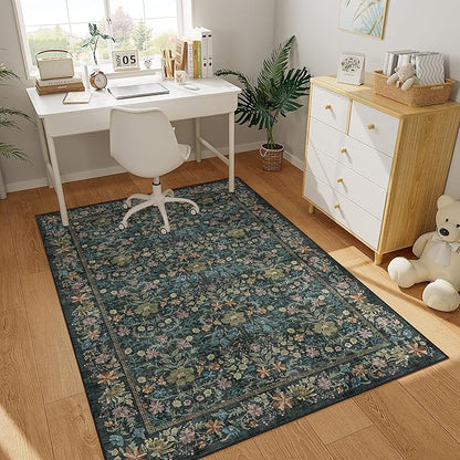 DUKINO 3x5 Area Rug, Vintage Floral Washable Rug for Bedroom with Non Slip Design, Soft Low Pile Indoor Small Carpet for Bedroom, Farmhouse, Living Room, Office, Bathroom, Blue