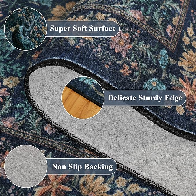 DUKINO 2x5 Washable Runner Rug, Floral Non Slip Bathroom Rugs with Soft Low Pile Design, Lightweight Non-Shedding Carpet Runner for Bathroom, Kitchen, Hallway, Bedroom, Laundry, Dark Blue
