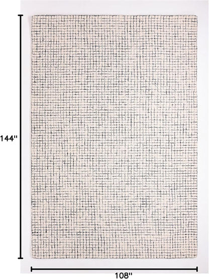 Hand-Tufted 100% Wool Pile Area Rug – Geometric Textured Grid Check Pattern – Thick and Durable Floor Carpet for Bedroom, Living Room, Kids Room, and Dining Area (Ivory, Denim, 9' x 12')
