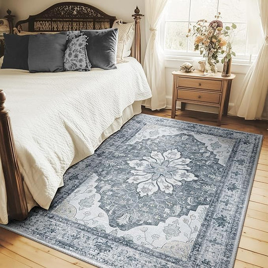 Area Rugs 5'x7' Washable Non-Slip, Floral Vintage Distress Print Pattern Medallion Carpet for Living Room Bedroom Dining Room, Light Gray Grey White