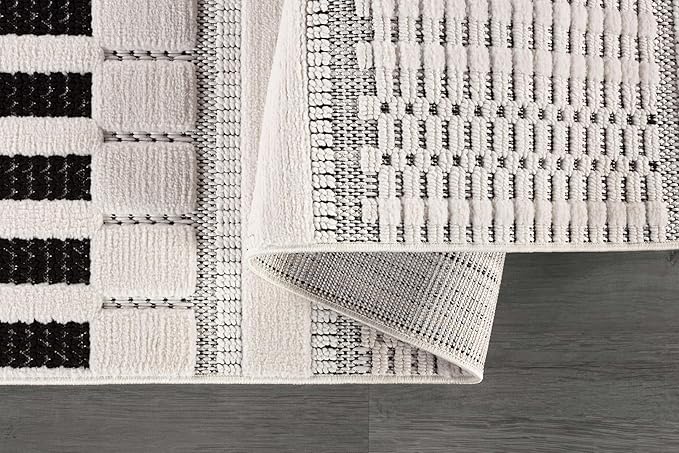 CAMILSON Modern Rug 10x14 Luxury Geometric Pattern Large Micro Loop Area Rugs Soft High and Low Pile Stain Resistant Easy to Clean Non-Shedding Durable Living Room Bedroom Indoor Carpet (White/Black)