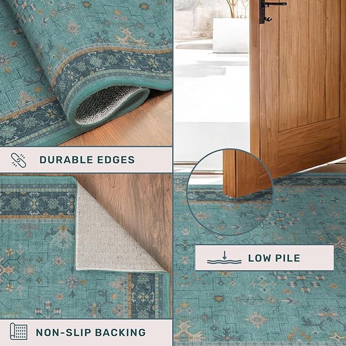Boho Teal 7x9 Soft Rugs for Living Room, Washable Turquoise Rug for Bedroom Under Bed, Vintage Non Slip Floral Dining Room Carpet, Low Pile Soft Fade Resistant