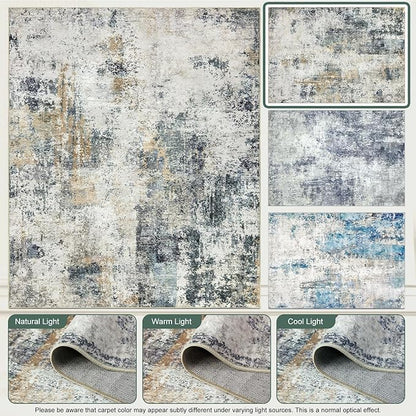 Washable Area Rugs for Living Room 9x12 - Large Neutral Modern Abstract Rug, Soft Low Pile Carpet with Non Slip Backing for Under Dining Room Table, Bedroom, Home, Office, Dorm - Green Yellow