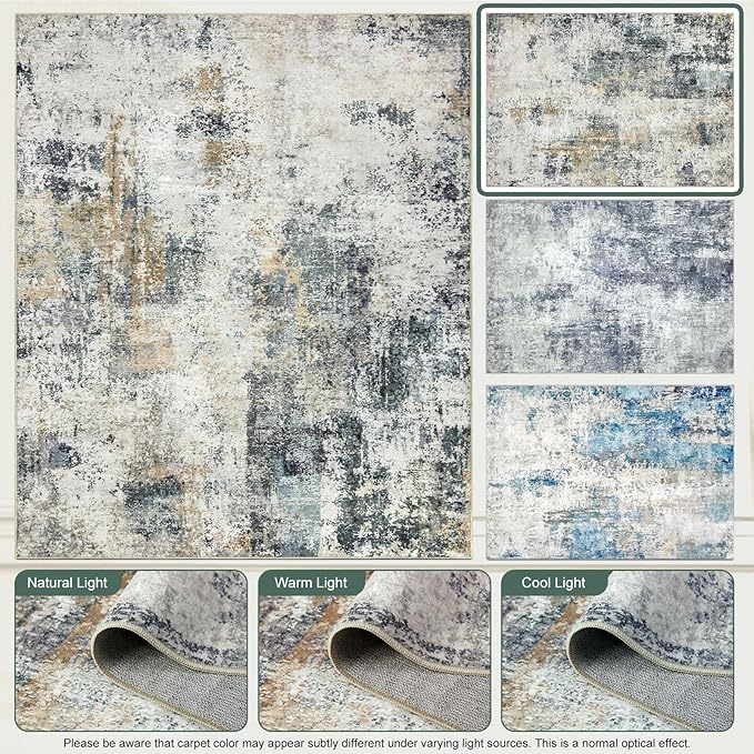 Washable Area Rugs for Living Room 8x10 - Large Neutral Modern Abstract Rug, Soft Low Pile Carpet with Non Slip Backing for Under Dining Room Table, Bedroom, Home, Office, Dorm - Green Yellow
