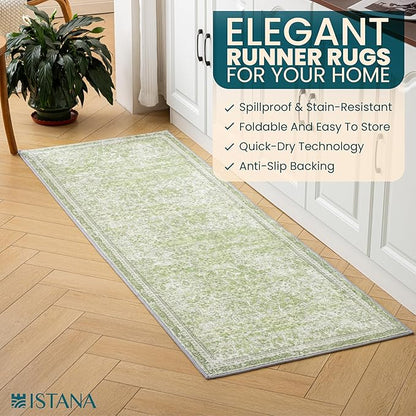 Istana Hallway Runner Rug 2x6 - Light Green Kitchen Rugs Non Slip Washable -Silk's Soft Touch Carpet Runner - Stylish Rug Runner for Home