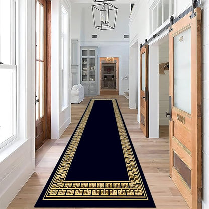 Modern Geometric Meandering Throw Carpet Runner for Entrance, 2x8ft, Orange Geometric Design Carpets for Entryway, Navy Blue Background Cozy Foldable Dirty Resistant Rug for Sofa Office