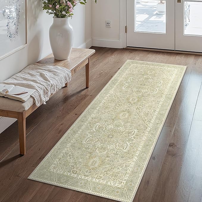 2x5 Runner Rug Machine Washable Boho Runners for Hallway,Ultra-Thin Low Pile Rug,Lightweight Indoor Carpet,Non Slip Floral Runners for Enrtyway, Corridor, Home Office, Kitchen,Taupe