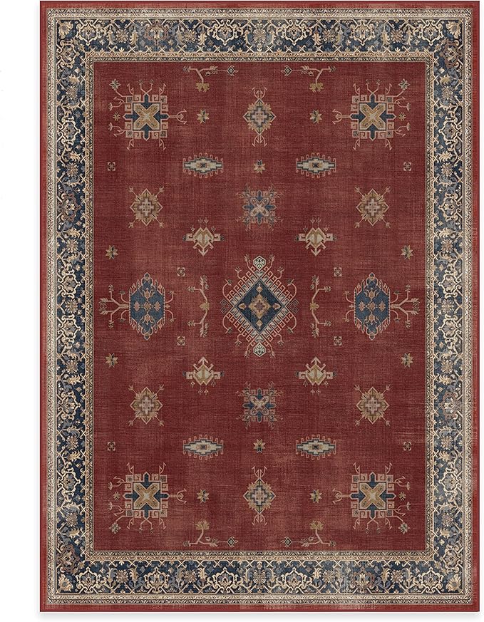 RUGGABLE Washable Vintage Area Rug – Verena Amber Red 5x7, Stain-Resistant, Non-Slip – Medium Machine Washable Rugs for Living Room, Bedroom, Hallway, Entryway & Office–with Standard Pad