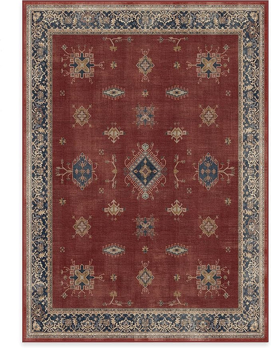 RUGGABLE Washable Vintage Area Rug – Verena Amber Red 5x7, Stain-Resistant, Non-Slip – Medium Machine Washable Rugs for Living Room, Bedroom, Hallway, Entryway & Office–with Cushioned Pad