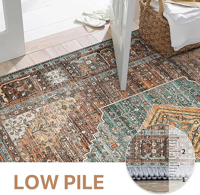 Bavni Washable Rug 3x5 Area Rug for Living Room Bedroom Dining, Washable Print Carpet, Low Pile Lightweight Rug with Non Slip Backing, Vintage Brown/Blue