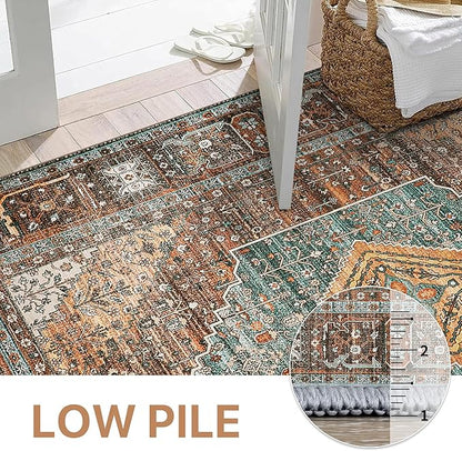 Bavni Runner Rug 2x5 Kitchen Rugs for Hallways Entryway, Washable Print Carpet, Low Pile Lightweight Rug with Non Slip Backing, Vintage Brown/Blue
