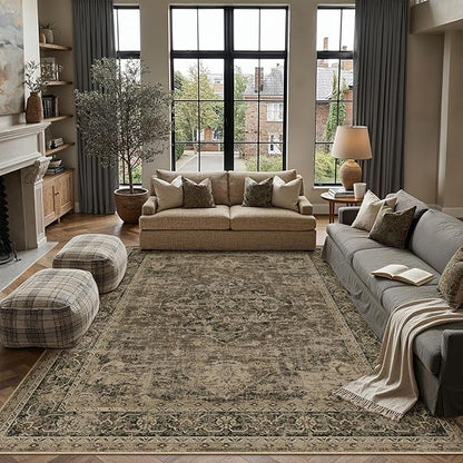 9x12 Washable Area Rug Brown Vintage Distressed Large Rug for Living Room Oriental Soft Thin Indoor Retro Carpet Non Slip Low Pile Floor Cover for Bedroom Dining Room Office Nursery