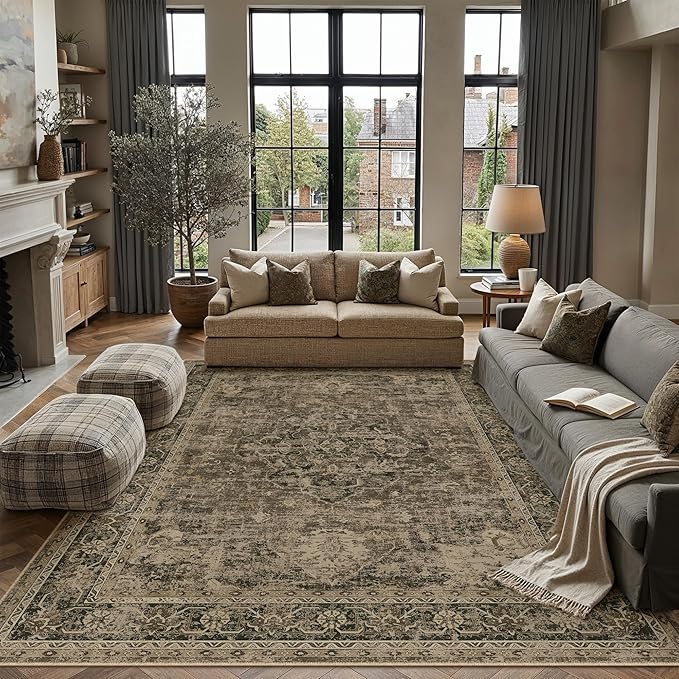 8x10 Washable Area Rug Brown Vintage Distressed Large Rug for Living Room Oriental Soft Thin Indoor Retro Carpet Non Slip Low Pile Floor Cover for Bedroom Dining Room Office Nursery