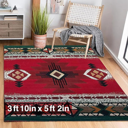 YHSF South West Native American Area Rug C318 - Easy Clean, Thick, Soft, Durable Native Tribal American Indian Inspired Rug for Bedroom/Living Room and More - Red, 3 Feet 10 Inches x 5 Feet 2 Inches