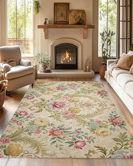 Chic Vintage Rose Rug for Living Room 5x7, Low Pile Non-Slip Backing, Machine Washable Easy Fold Rug for Home, Office, Dorm Room