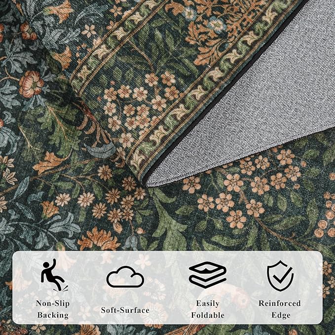 2.6x8 Floral Washable Area Rug Soft Runner Rugs for Kitchen, Vintage Boho Hallway Rug for Bedroom Dining Room, Botanical Birds Non Slip Low Pile Throw Carpet, Retro Gold/Green