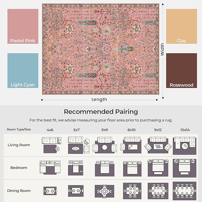 Kokia Boho Vintage Floral Area Rugs, Washable Oriental Botanical Rugs for Living Room, Bedroom, Dining Room, Office, Soft Indoor Area Rug, Rosette Pink，6x9