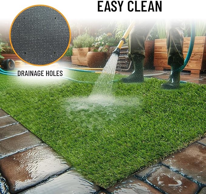 Ottomanson 2'7" x 15' Artificial Faux Grass Rug - Realistic Turf with UV Protection - Perforated for Easy Drainage - Durable, Hose-Off Synthetic Lawn Carpet for Indoor & Outdoor Use, Green