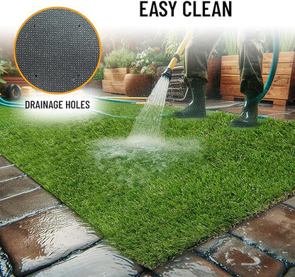 Ottomanson 6'6" x 16' Artificial Faux Grass Rug - Realistic Turf with UV Protection - Perforated for Easy Drainage - Durable, Hose-Off Synthetic Lawn Carpet for Indoor & Outdoor Use, Green